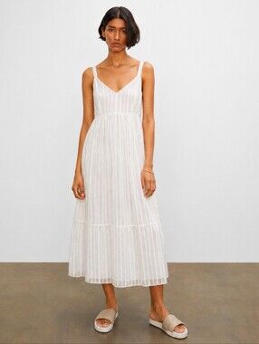 Club Monaco White Striped Midi Dress with V-Neck